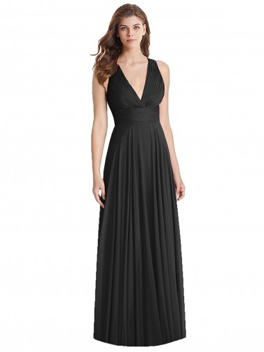 Criss Cruz Preto Linha A Decote V Comprimento Chão Vestidos de Madrinha Acessíveis