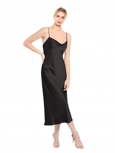 Lombar Preto Linha A Decote Capuz Comprimento Midi Vestidos de Madrinha / Vestidos de Noite / Vestidos de Festa Acessíveis
