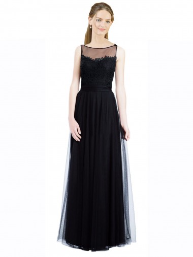 Lombar Preto Linha A Decote Ilusão Comprimento Chão Vestidos de Madrinha Acessíveis