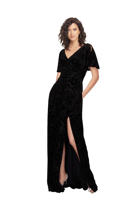Costas em V Preto Linha A Decote V Comprimento Chão Longo Vestidos de Madrinha Acessíveis