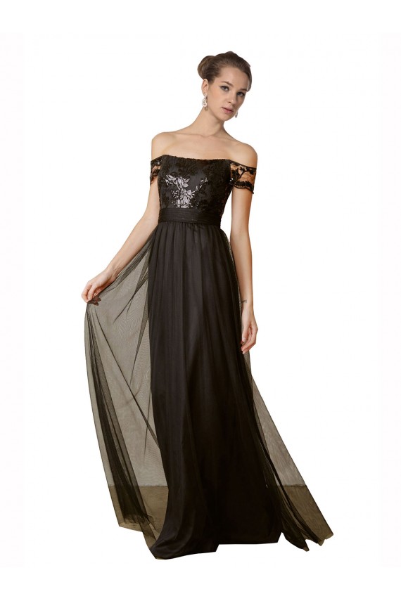 Preto Linha A Fora do Ombro Comprimento Chão Vestidos de Madrinha Acessíveis