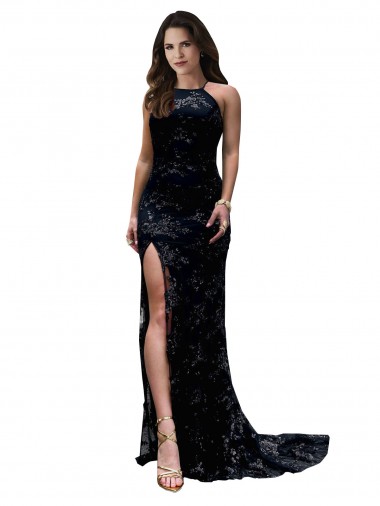 Abrir de volta Preto Sereia Decote Alto Comprimento Chão Vestidos de Madrinha / Vestidos de Noite / Vestidos de Festa Acessíveis
