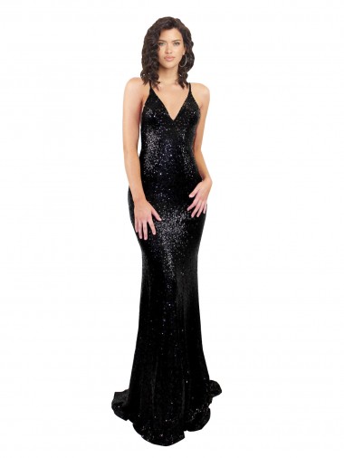 Criss Cruz Preto Sereia Decote V Comprimento Chão Vestidos de Madrinha / Vestidos de Noite / Vestidos de Festa Acessíveis