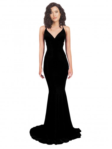 Abrir de volta Preto Sereia Decote V Comprimento Chão Vestidos de Madrinha / Vestidos de Noite / Vestidos de Festa Acessíveis