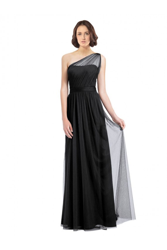 Preto Linha A Um Ombro Comprimento Chão Vestido Formais / Vestido de Madrinha Acessíveis