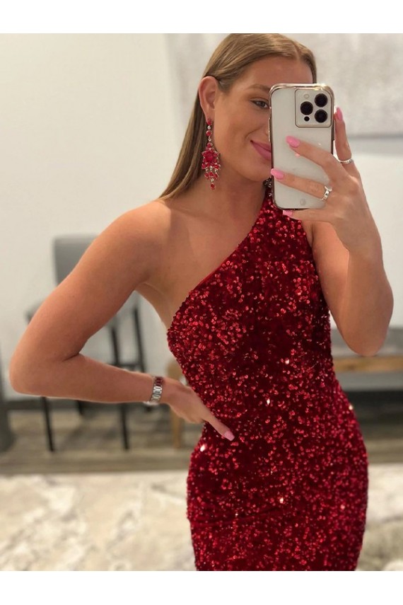 Rosa Bainha Um Ombro Comboio Varredela Vestidos de Festa Acessíveis
