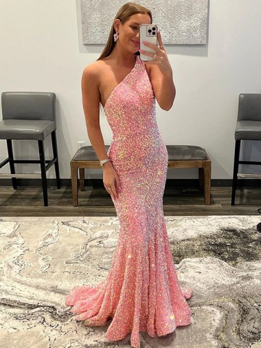 Rosa Bainha Um Ombro Comboio Varredela Vestidos de Festa Acessíveis