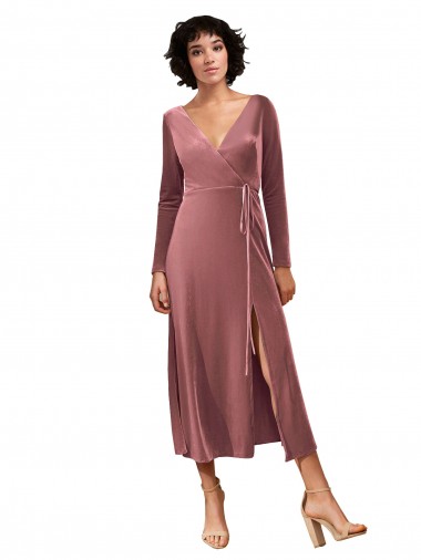 Rosa Canela Linha A Decote V Comprimento Midi Vestidos de Madrinha / Vestidos de Festa Acessíveis
