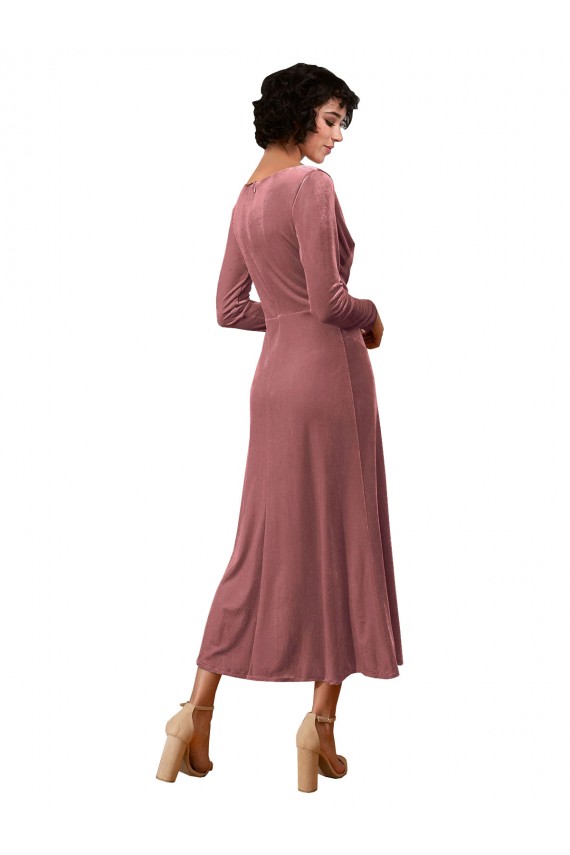 Rosa Canela Linha A Decote V Comprimento Midi Vestidos de Madrinha / Vestidos de Festa Acessíveis
