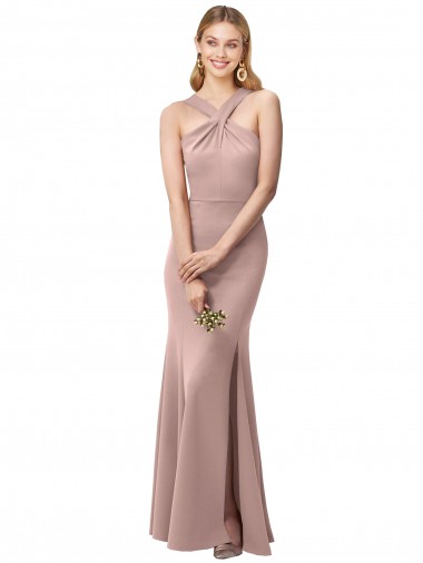 Criss Cruz Rosa Empoeirado Bainha Decote Alto Comprimento Chão Vestidos de Madrinha / Vestidos de Festa Acessíveis