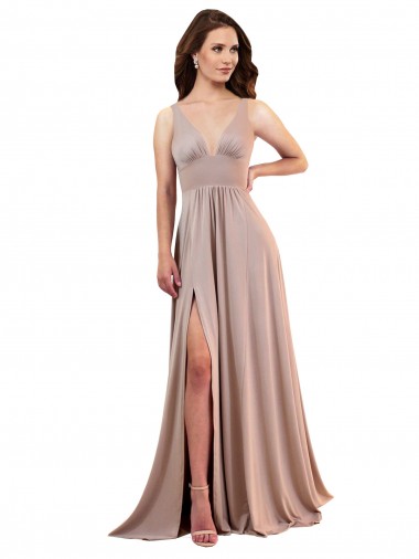 Lombar Rosa Empoeirado Linha A Decote V Comprimento Chão Vestidos de Madrinha / Vestidos de Noite / Vestidos de Festa Acessíveis