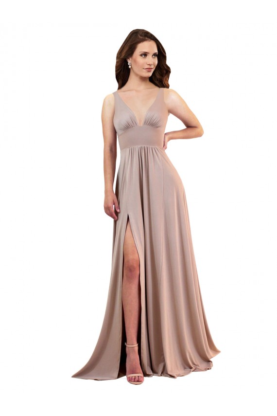 Lombar Rosa Empoeirado Linha A Decote V Comprimento Chão Vestidos de Madrinha / Vestidos de Noite / Vestidos de Festa Acessíveis
