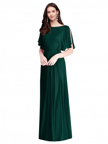 Costas em V Sempre Verde Linha A Barco Comprimento Chão Vestidos de Madrinha Acessíveis
