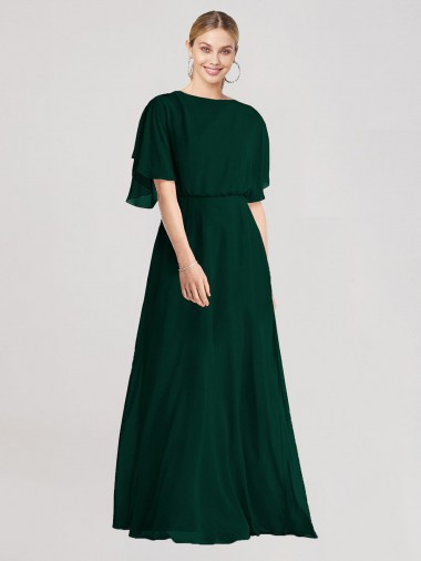 Amarrar para trás Sempre Verde Linha A Decote redondo Comprimento Chão Vestidos de Madrinha Acessíveis