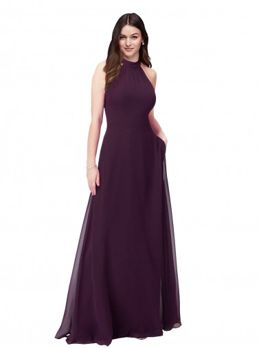 Buraco da fechadura Uva Linha A Decote Alto Comprimento Chão Vestidos de Festa / Vestidos de Madrinha Acessíveis
