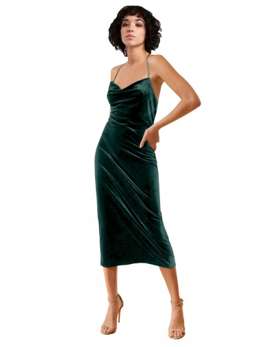 Criss Cruz Verde Escuro Bainha Decote Capuz Comprimento Midi Vestidos de Madrinha / Vestidos de Noite / Vestidos de Festa Acessíveis
