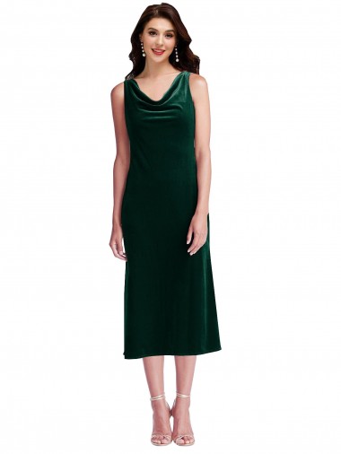 Costas em V Verde Escuro Bainha Decote Capuz Comprimento Midi Vestidos de Madrinha / Vestidos de Festa / Vestidos de Cocktail / Vestidos de Homecoming Acessíveis