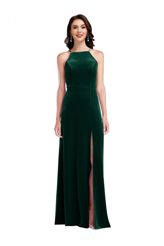 Verde Escuro Linha A Decote Alto Comprimento Chão Vestidos de Madrinha / Vestidos de Festa Acessíveis
