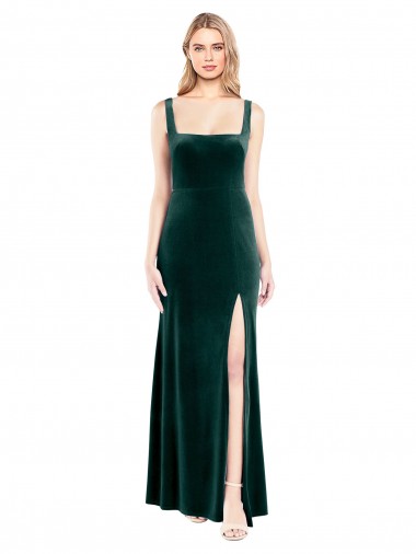 Verde Escuro Linha A Decote Quadrado Comprimento Chão Vestidos de Madrinha / Vestidos de Festa Acessíveis