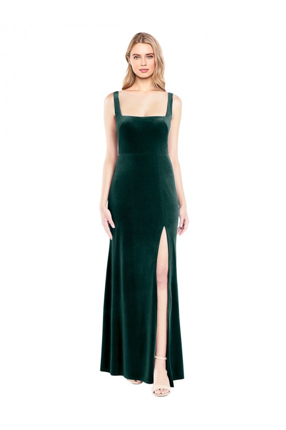 Verde Escuro Linha A Decote Quadrado Comprimento Chão Vestidos de Madrinha / Vestidos de Festa Acessíveis