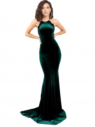 Criss Cruz Verde Escuro Sereia Decote Alto Comboio Varredela Vestidos de Madrinha / Vestidos de Noite / Vestidos de Festa Acessíveis