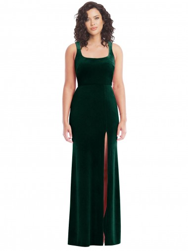 Verde Escuro Trombeta Decote Quadrado Comprimento Chão Vestidos de Madrinha / Vestidos de Festa Acessíveis