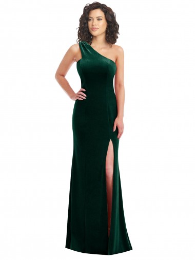 Verde Escuro Trombeta Um Ombro Comprimento Chão Vestidos de Madrinha / Vestidos de Festa Acessíveis