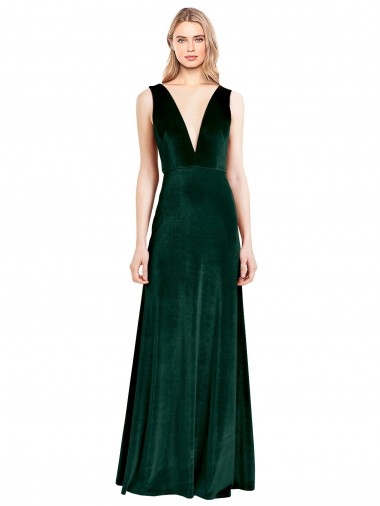 Costas em V Verde Escuro Linha A Decote V Comprimento Chão Vestidos de Madrinha / Vestidos de Noite Acessíveis