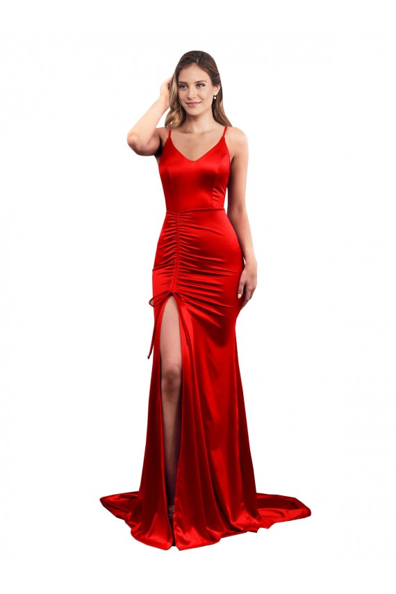 Lombar Vermelho Sereia Amor Comprimento Chão Vestidos de Madrinha / Vestidos de Baile / Vestidos de Festa Acessíveis