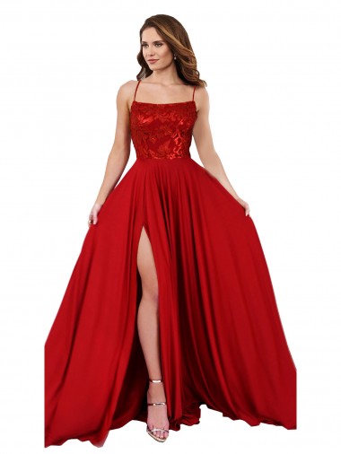 Criss Cruz Vermelho Linha A Decote Quadrado Comprimento Chão Vestidos de Madrinha / Vestidos de Festa Acessíveis