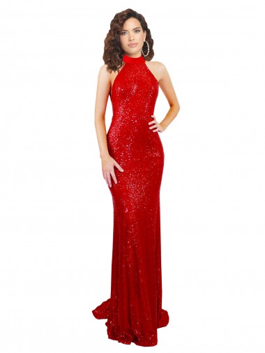 Abrir de volta Vermelho Sereia Decote Alto Comprimento Chão Vestidos de Madrinha / Vestidos de Noite / Vestidos de Festa Acessíveis