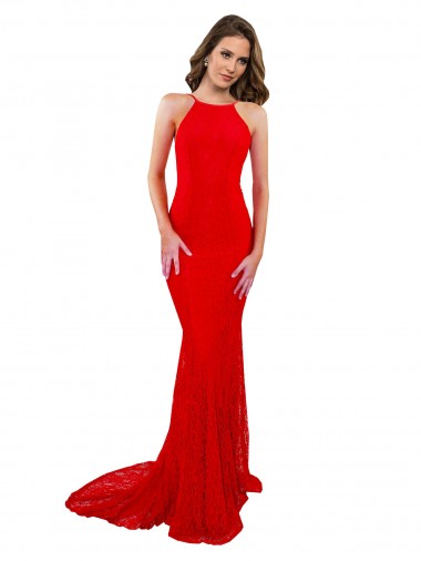 Abrir de volta Vermelho Sereia Decote Alto Comprimento Chão Longo Vestidos de Madrinha / Vestidos de Noite / Vestidos de Festa Acessíveis