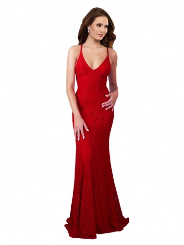 Criss Cruz Vermelho Sereia Decote V Comprimento Chão Vestidos de Madrinha / Vestidos de Noite / Vestidos de Baile Acessíveis
