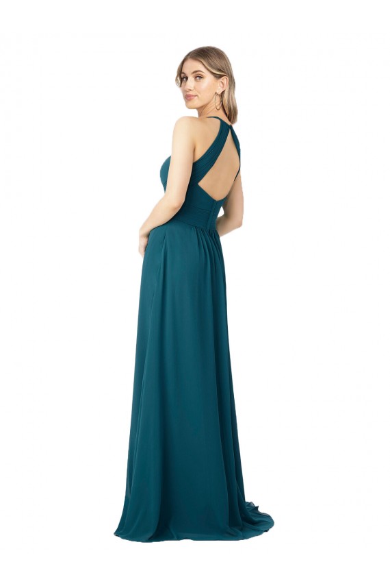 Buraco da fechadura Windsor Azul Linha A Decote Alto Comprimento Chão Vestidos de Madrinha Acessíveis
