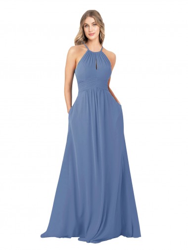 Buraco da fechadura Windsor Azul Linha A Decote Alto Comprimento Chão Vestidos de Madrinha Acessíveis