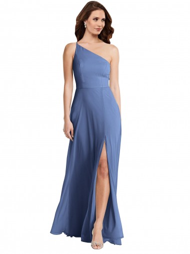 Windsor Azul Linha A Um Ombro Comprimento Chão Vestidos de Madrinha / Vestidos de Noite Acessíveis